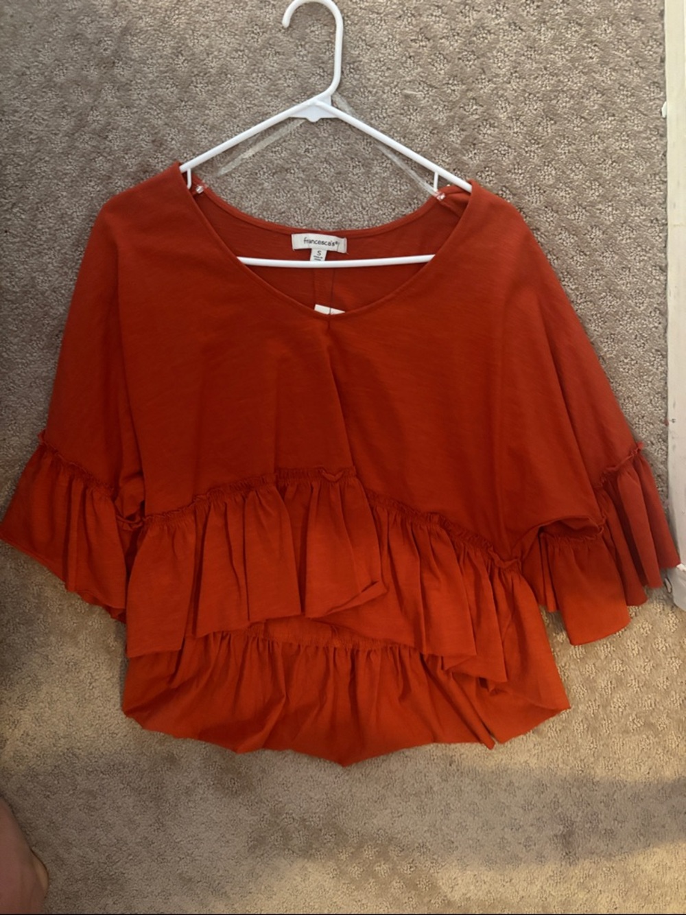 Francesca's Collections Rust Orange Ruffle Peasant Top